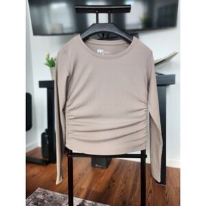 Fit Collective Womens Ribbed Ruched Long Sleeve Top Taupe WK54482201-CAA S/P NWT